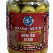 Doğal Kırmızı Biber Dolgulu Yeşil zeytin 400 gram 4XL 141-160 Cam Kavanoz